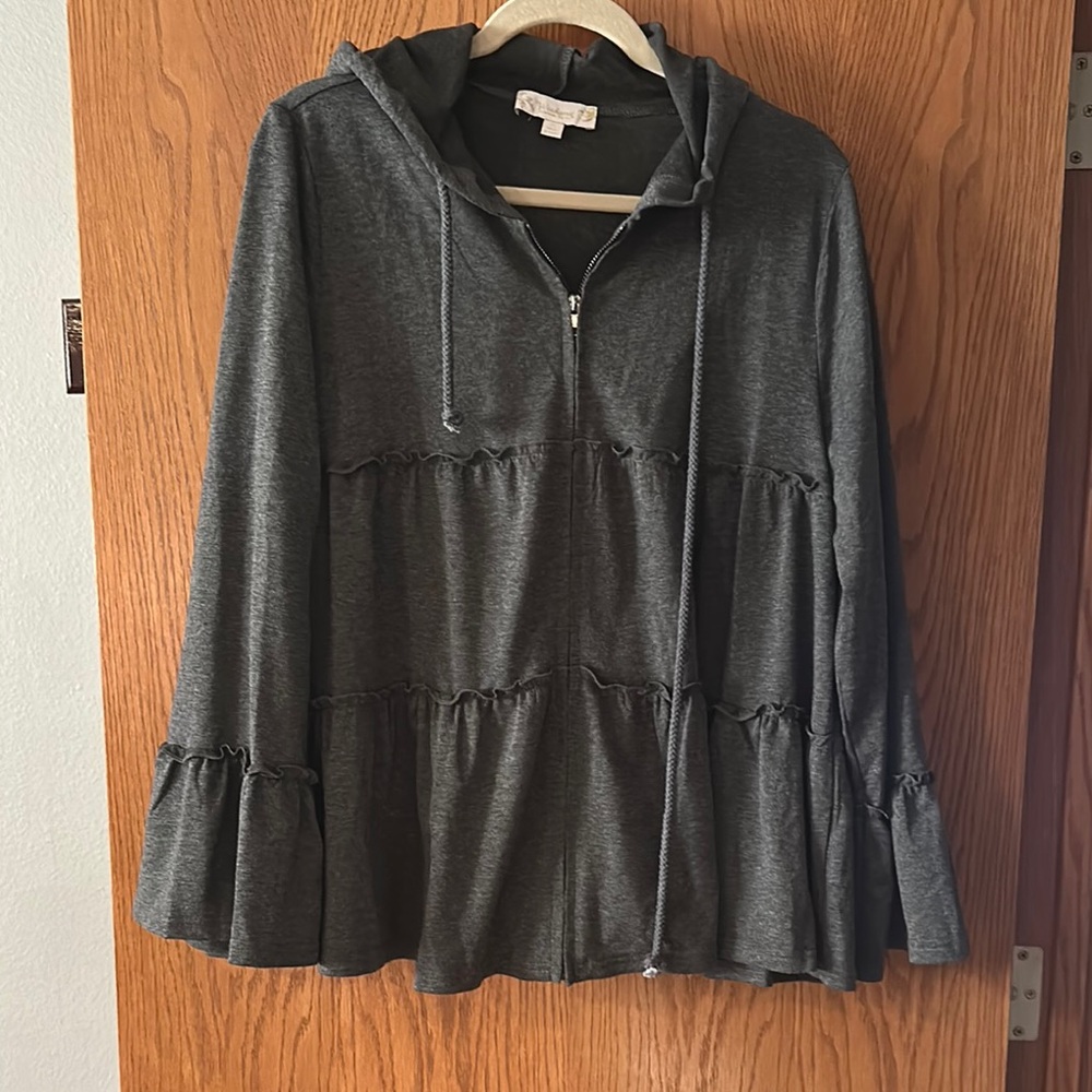 Gray Ruffled Zip-Up Hoodie